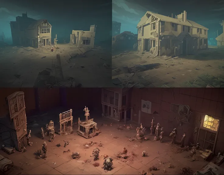 post apocalyptic game with destroyed house and buildings with overhead camera strategy game with main characters and enemies in pixel art but the rest of the scenery is in 3D with enemies being Lovecraftian creatures