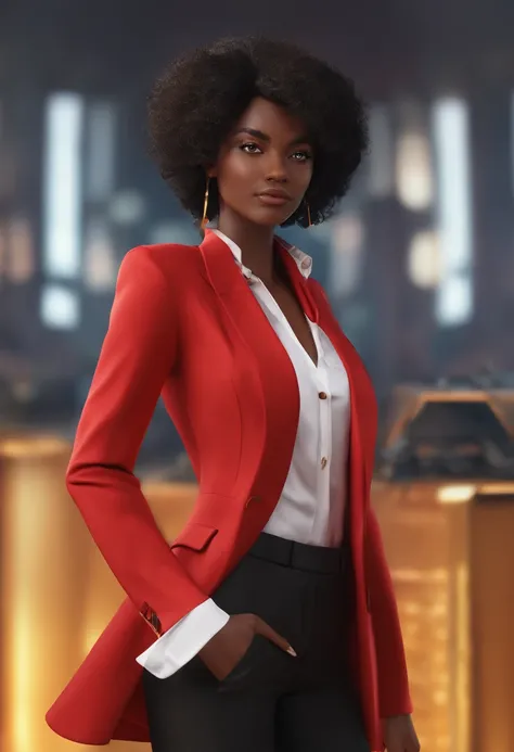 A dark-skinned girl with black hair,  longos, ondulados. Olhos pretos, eyeglass, Intense red blazer and gold buttons