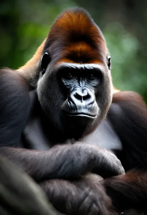 Silverback gorilla sitting down thinking made of fire.