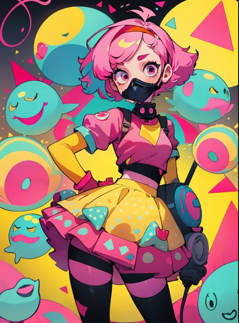 kpop girl with short nice fadecut pink hair, colorful glowing gass mask, lots of shapes attatched everywhere, random shapes most...