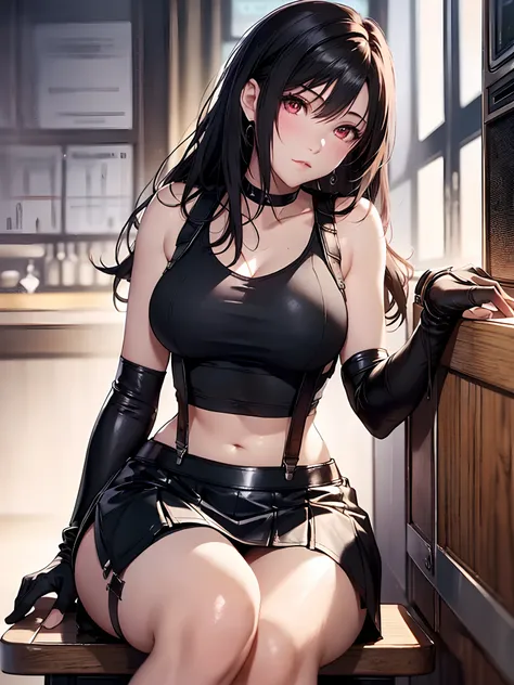 8k,masterpiece, bset quality,big, (1 girl), tifa lockhart, red_eyes, black hair, long hair, professional lighting, (shiny skin: 1.2), shiny big, ((best quality)), sharp focus: 1.2, highly detailed face and skin texture, detailed eyes, perfect face, perfect...