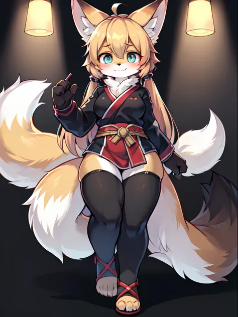 Full body view, comic book, coloring book, solo woman, kitsune woman, beautiful and cute eyes, fox ears, long hair, hair between eyes, fox tails, twintails,fluffy tails, shy face, light smile, samurai suit , absurdres, extreme detail, blushing, shaded, det...