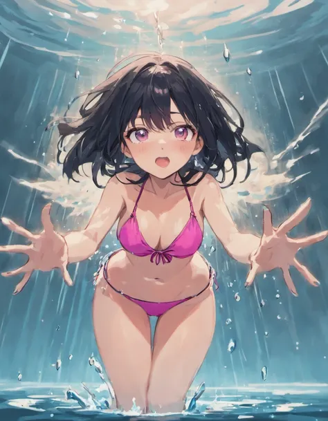 Scared white woman with black hair in a pink bikini falling into a clear round tank of water