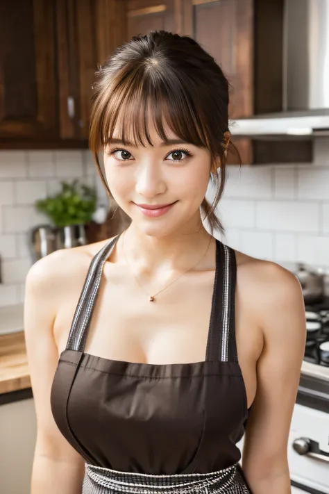 (Best Quality, 8K, masutepiece: 1.3), Beautiful Women in Perfect Figure: 1.4, dark brown hair, Wearing a pendant, Wearing an apron, In the kitchen, extremely detailed face and skin, Detailed eyes, Double eyelids, Big breasts, Smile, Cooking, Apron, Long ha...