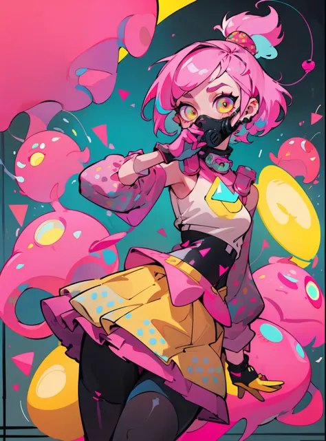 kpop girl with short nice fadecut pink hair, colorful glowing gass mask, lots of shapes attatched everywhere, random shapes most...