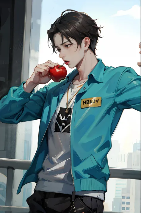 Jongho from Ateez eating an apple while lifting weights