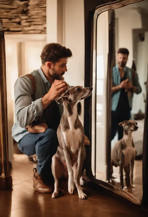 Man Holding His Whippet Puppy In Front Of Mirror, tirando uma foto  self . Montar a imagem em estilo desenho animado pixar