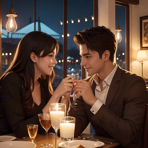 illustrate a charming scene of a cute couple enjoying a delightful night out at an enchanting restaurant