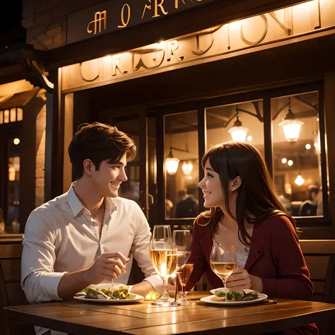 illustrate a charming scene of a cute couple enjoying a delightful night out at an enchanting restaurant