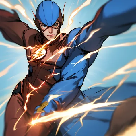 The flash with a blue costume wearing goggles