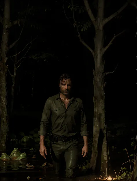 Rick grimes scared in a tree that is in a swamp, while being watched by an army of frogs below him at night. The Trees behind Rick are also on fire providing a creepy light on the frogs