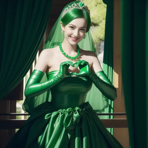 emerald tiara, Green Pearl Necklace, Boyish very short green hair, lipsticks, Japan woman smiling, very short short hair,  big breasts beautiful, Green eyes, Long green gloves made of satin material, Green eyes, Emerald Earrings, green vale, Heart with bot...