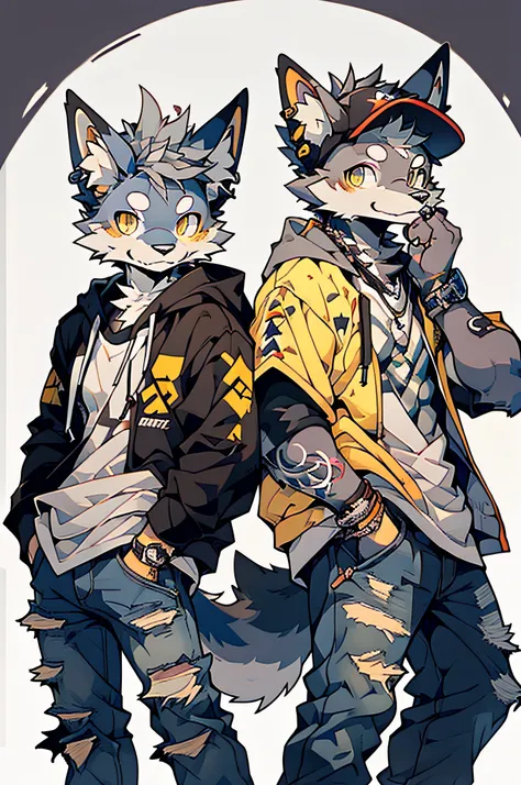 Two cool and trendy dogs talking with gray hair, Yellow eyes, Wear trendy hip-hop clothes, Wearing a hoodie, Graphic T-shirt and ripped jeans, Lots of tattoos and piercings, Doodle style background, Highly detailed background