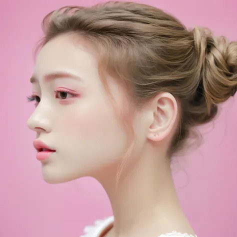 Masterpiece, Best Quality, 1girls, profile, ponytail, updo hair, nape of neck, pink lips, slightly upturned nose, long eyelashes, realistic skin texture, attractive face, blurred, white background