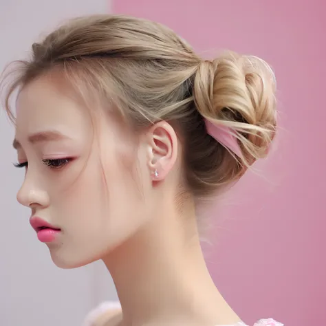 Masterpiece, Best Quality, 1girls, profile, ponytail, updo hair, nape of neck, pink lips, slightly upturned nose, long eyelashes, realistic skin texture, attractive face, blurred, white background