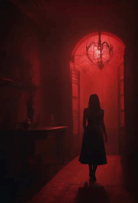 There was a woman standing in a dark room，red lights, in an attic, atmospheric red lighting, red and cinematic lighting, cinematic Red lighting, [ horror game ], author：Shitao, Scary cinematic lighting, Atmospheric red effect, atmospheric artwork, Sinister...