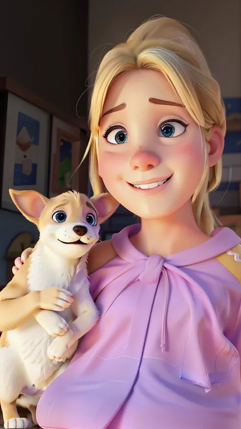 Blonde girl with blue eyes, segurando um cachorro branco chihuahua no colo, sorriso, textura natural da pele, pixar, foco nítido, cinematic visual.