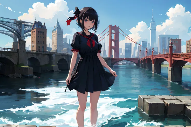 1girl in,Bangs,Black_hair,Blue_skyporn,Bridge,building,castle,city,Cityscape,cloud,day,Dress,up looking_で_viewer,Outdoors,Red_neckwear,Red_bow ribbon,bow ribbon,River,Short_hair,Short_sleeves,skyporn,Skyscraper,Solo,Standing,Town,Water,(masutepiece,Anime,n...