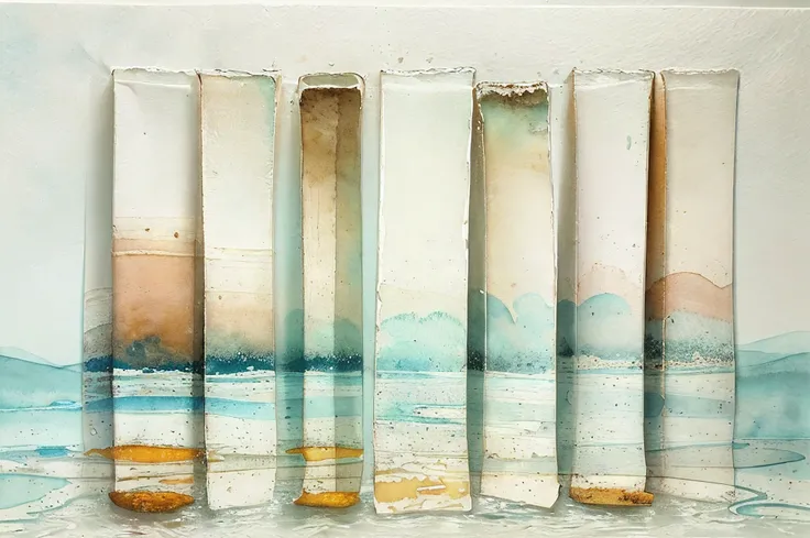 (Horizon composition) Nine broken plates are floating in water.(Ink on Japanese paper, which tends to bleed easily)(contemporary art like a picture book) (transparent watercolor) (light itself expressed as real) (layers of soft, rich colors) (shades of pai...