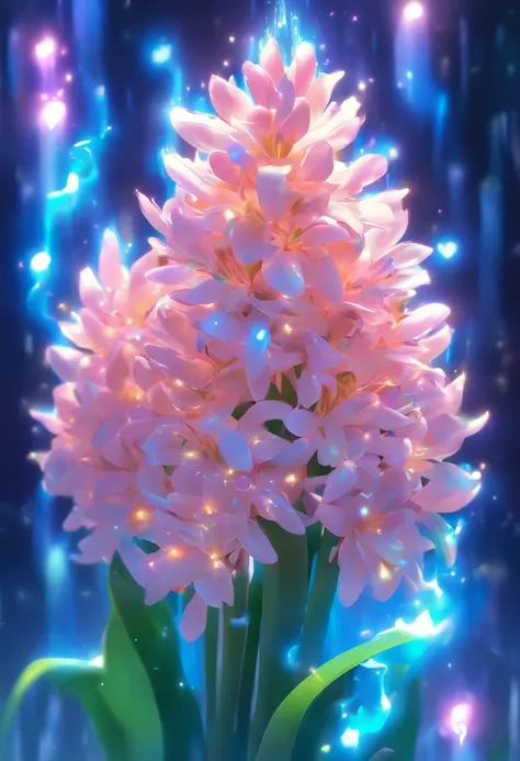 bouquet of delicate flowers Hyacinth, super transparente, luz santa, Luz espectral bonita, Brightness of the petals, Piscando, fundo escuro, Gotas de luz transparentes, luz reflexiva, brilhante, luz fluindo em, Optics, perfil retrato, foco nítido, magica, ...