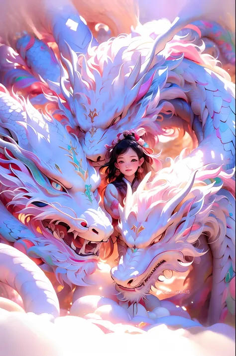 asian-style white dragons fly around mysterious waterfalls、the body of the white dragon is slender，undulating like a big snake, ...