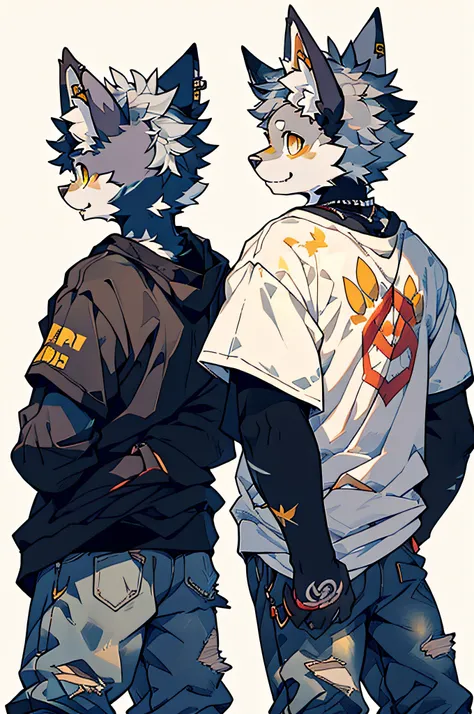 Two cool and trendy dogs talking with gray hair、yellow  eyes、Wear trendy hip-hop clothes、Wearing a hoodie、Graphic T-shirt and ripped jeans、Lots of tattoos and piercings、Doodle style background、highly detailed back ground