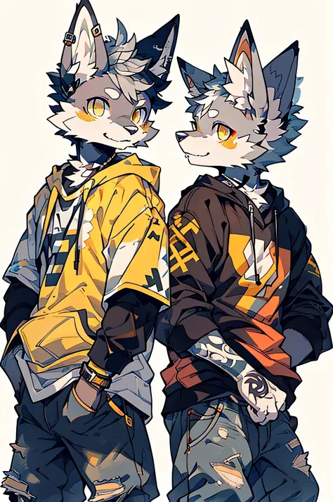 Two cool and trendy dogs talking with gray hair、yellow  eyes、Wear trendy hip-hop clothes、Wearing a hoodie、Graphic T-shirt and ripped jeans、Lots of tattoos and piercings、Doodle style background、highly detailed back ground