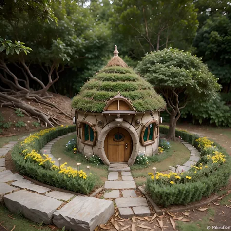 The Hobbit House tree, live, floral,bright, attractive, Sharp Very detailed., intricate, Realistic.