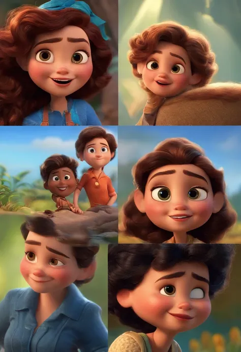 Imagem estilo Pixar com personagem 3D mulher morena cabelo cacheado curto 35 anos , Maquiagem Disney,Pescador, bonitinho, sorridente ,Close-up, Pixar, Disney, Cinema lighting,