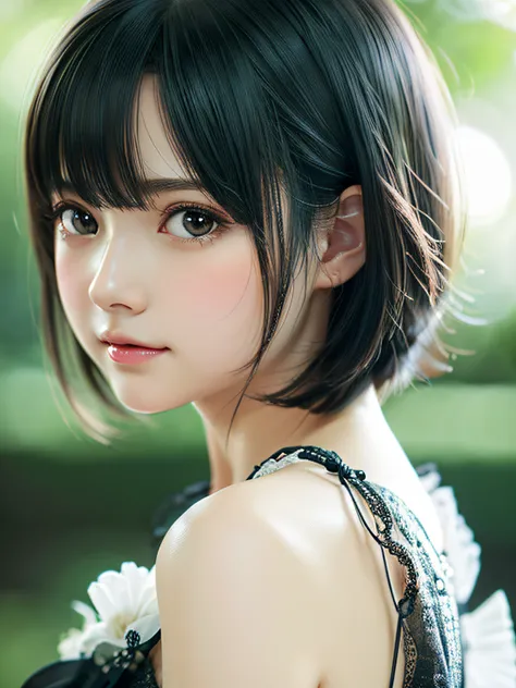 {masutepiece},{Best Quality},{1girl in}, Cute, amazing, Beautiful detailed eyes, Black eyes, Short hair, Black hair,finely detail,depth of fields,extremely details CG,Original, highly detailed wallpaper,Upper body, Looking at Viewer