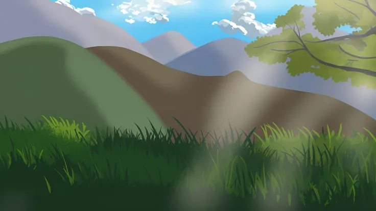 there is a picture of a cartoon scene of a mountain landscape, random background scene, background mountains, background artwork, landscape background, mountainous background, some mountains in the background, grass mountain landscape, meadow background, s...