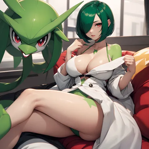 masterpiece, best_quality, 1girl, solo, gardevoir, creatures (company), game freak, nintendo, pokemon, pokemon (game), bangs, colored skin, female focus, gen 3 pokemon, green hair, green skin, hair over one eye, multicolored skin, pokemon (creature), red e...