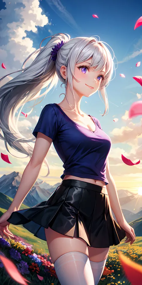 1girl, ponytail,white hair, purple eyes, t-shirt, skirt, thighhighs, flower, petals, light smile,medium breasts, collarbone, depth of field, petals, (illustration:1.1), landscape, background, abstract, mountainous horizon, cloud, sun,