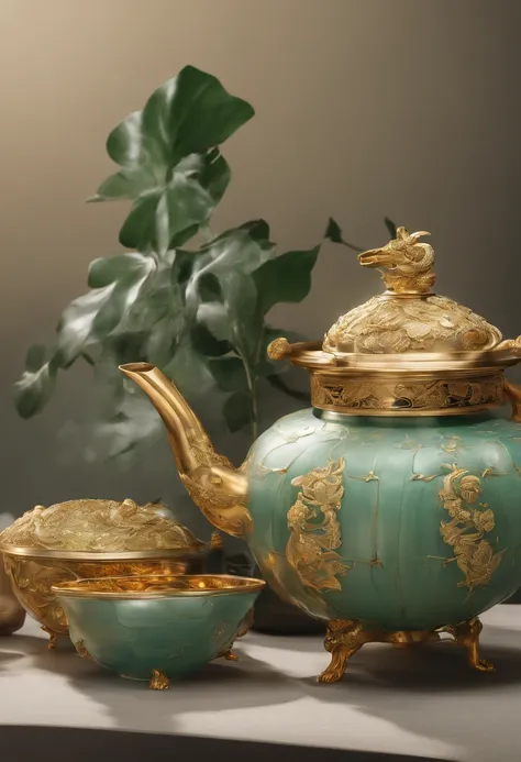 there is a green and gold teapot with a gold lid, pot, by Cheng Zhengkui, by Ni Yuanlu, song dynasty, by Kanō Tanyū, dongson bronze artifacts, by Shen Che-Tsai, gujian, by Wang Jian, by Yuan Yao, by An Zhengwen, (fantasy), chinese art