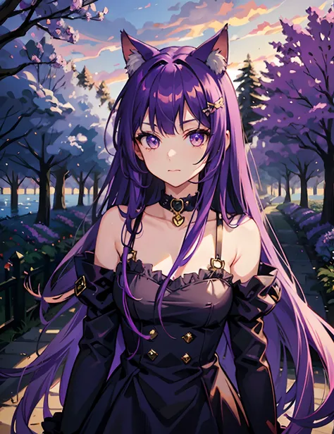 Cheshire Cat, metallic chocker, long hair, medium hair, purple hair, animal ears, cat ears original, 1girl, (solo), scenery, scene, red trees, forest, lake, autumn,