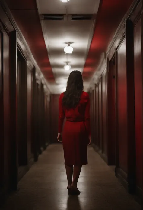 There was a woman standing in a dark school hallway，In the background is a Japanese-style school corridor，red lights，horror face，frontage，Long hair，Hair covers the face， atmospheric red lighting, red and cinematic lighting, cinematic Red lighting, [ horror...