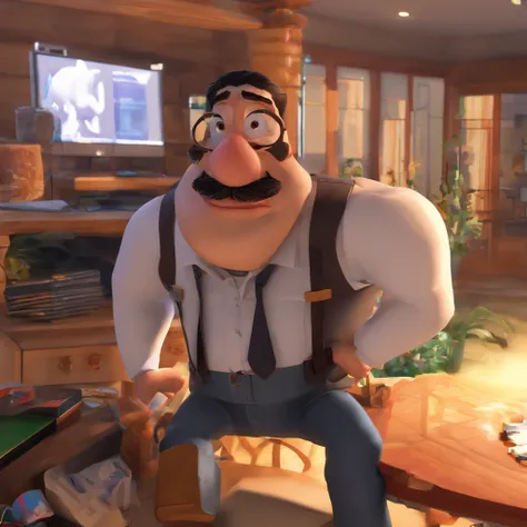 Criar um personagem no estilo Pixar. Trata-se de um homem de 30 anos, com barba, Branco, com cabelos castanhos curtos e um quiff, e olhos castanhos. Ele deve estar na frente de um computador, Trabalhar como designer