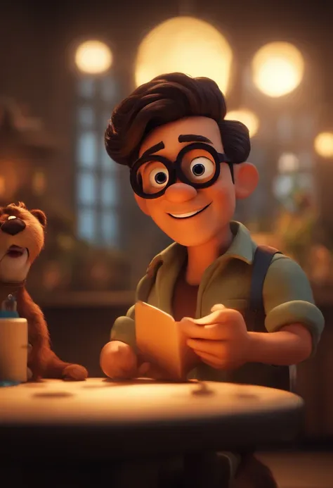 Disney-inspired 3D poster/pixar capturando uma cena com um homem de 35 anos, cabelos preto lisos penteados para o lado direito, wearing goggles ,barba curta e cavanhaque ,In the middle of your video recording studio ,ele vai estar animado com seu iphone, s...