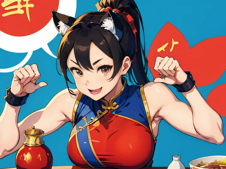 Chun-Lis face Cat ears Red china clothes Sitting and smiling Anime style