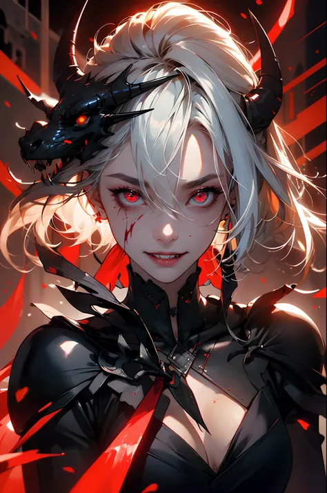 (masterpiece:1.5), (ultra-detailed), (extremely detailed CG, ultra-detailed, best shadow:1.1), (finely detailed eyes and detailed face:1.3), young girl, small beasts, 1girl, solo, evil_smile, pale skin, white hair, red glowing eyes, black_long_dress, malic...