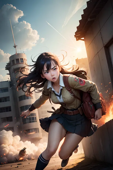 In the style of a battle movie poster、A high school girl runs through the wall of a building in a furious dash