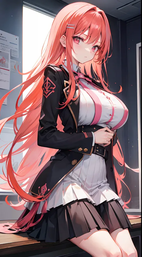 image，Long light red hair，Pink eyes，The hair is flanked by a long triangular buckle with a bow ornament of florets，The hair is thinning，
Long light orange hair，Pink eyes，hair adornments，White lining，a black trench coat，a black pleated skirt，Amused，Outside ...