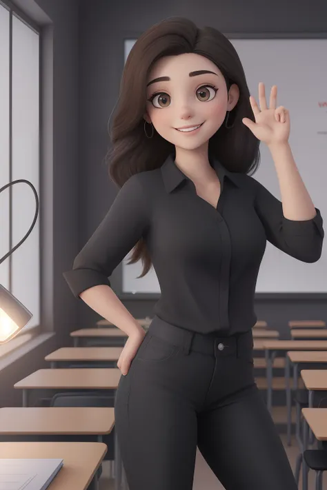 Uma mulher de 18 anos, com longos cabelos castanhos escuros , Rosto redondo, sorriso encantador, e olhos castanhos, In a classroom, studio lighting, sign language interpreter and sign language teacher. Shes wearing black clothes, blouse and black jeans