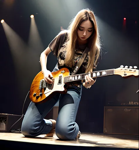 heavy-metal、guitarrist、Les Paul Custom、Bronze longhair、Beautuful Women、printed shirt、damage jeans、Concert Hall Stage、Photorealsitic、High-definition rendering、