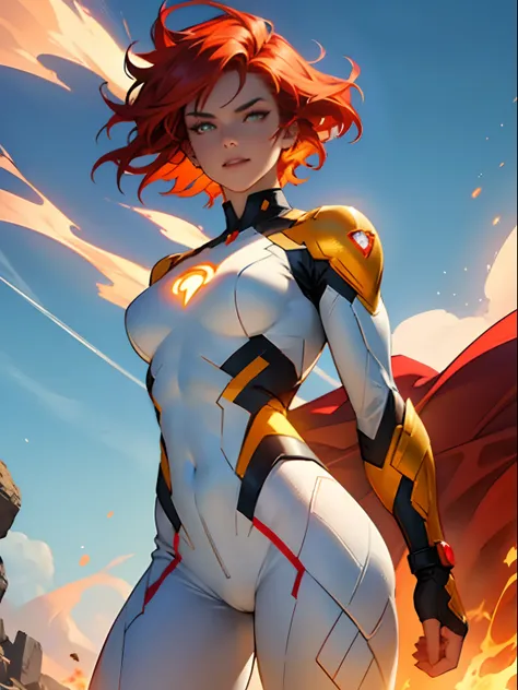 Tall girl. superhero. fiery hair. Short hair the color of fire. Vermilion hair. Flame of Hair. hair glows. amber eyes. Futuristic costume. white body suit. Sturdy Figure. Beautiful superhero girl. shingle. in full height. Hero pose. shaved temples. Hair st...