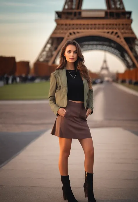 arafed woman with brown jacket, white shirt, khaki color pants, sexy girl with green eyes, portrait sophie mudd, brown hair and large eyes, selfie of a young woman, in front of Eiffel tower eyes, violet myers, without makeup, natural makeup, looking direct...