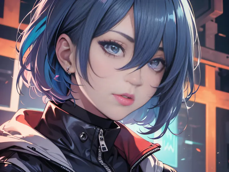 (masterpiece,detailed,highres:1.4) , model shot, close up, detailed face, fine detailed eyes,, (kirishima touka),blue middle hair,ghoul  eye,retro jacket,Tokyo Ghoul,retrofuturism background, vibrant colours, hdr,, ,