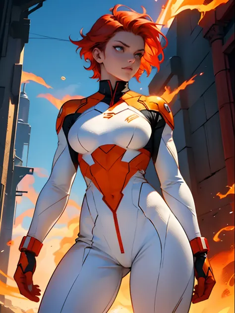 Tall girl. superhero. fiery hair. Short hair the color of fire. Vermilion hair. Hair Flames. hair glows. amber eyes. Futuristic costume. White jumpsuit. Sturdy Figure. Beautiful superhero girl. shingle. in full height. Hero Pose