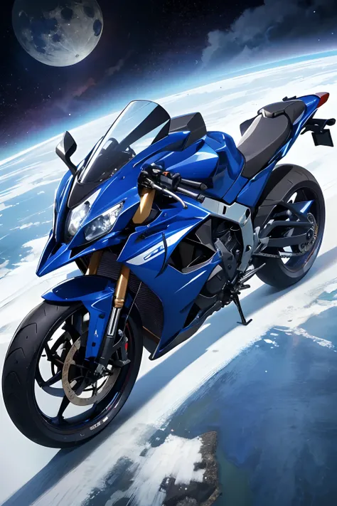 ridiculous resolution, high resolution, (masterpiece:1.4), super detailed, 1 Mecha Motorcycle, seen from above, space, Giant Blue moon floating, --v 6