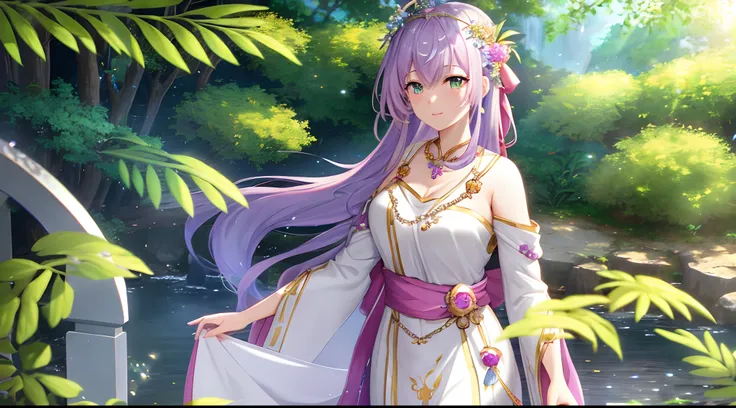 Athena with plain long light purple hair,hair between eyes,green eyes,rosy cheeks,full lips,thin eyebrows,slender body,wearing Robes adorned with pearl motifs and full long skirt,praying beads on neck,beads on neck,cute anime girl,full body,waterfall lush ...